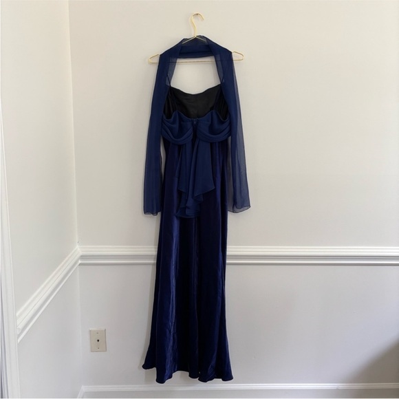 Blue Satin Maxi Dress With Scarf Sz XL Cobalt / Navy Vtg Y2K - Picture 4 of 6
